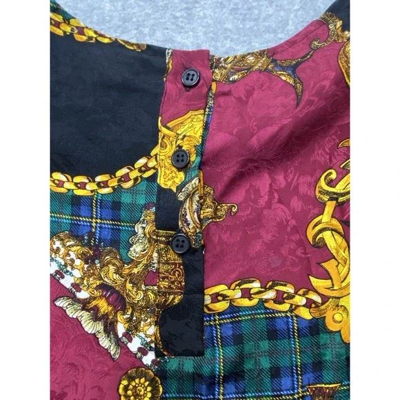 Vintage Bells Camice‎ Womens Blouse Large 12 Silk Baroque Chain Plaid 90s Preppy - Picture 11 of 13